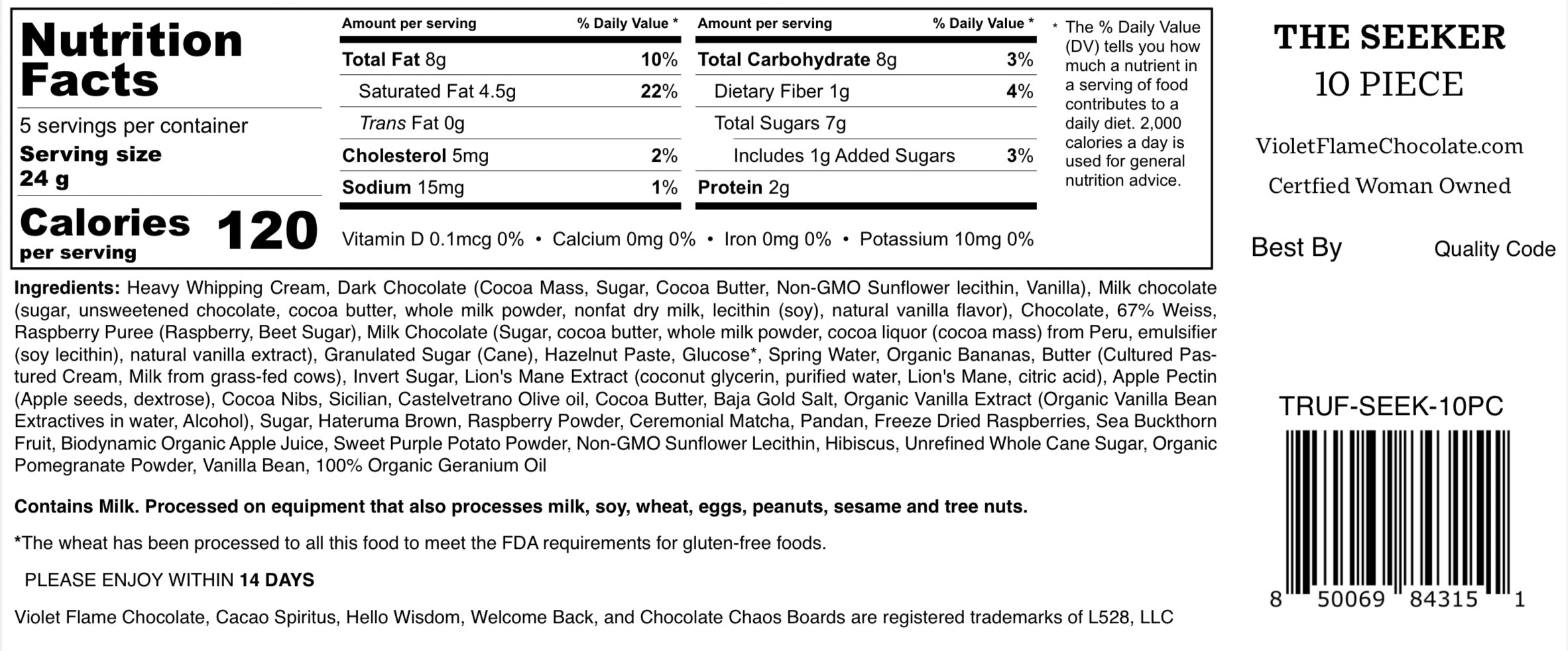 The Seeker Collection with 10 Pieces of Chocolate Nutritional Facts Panel