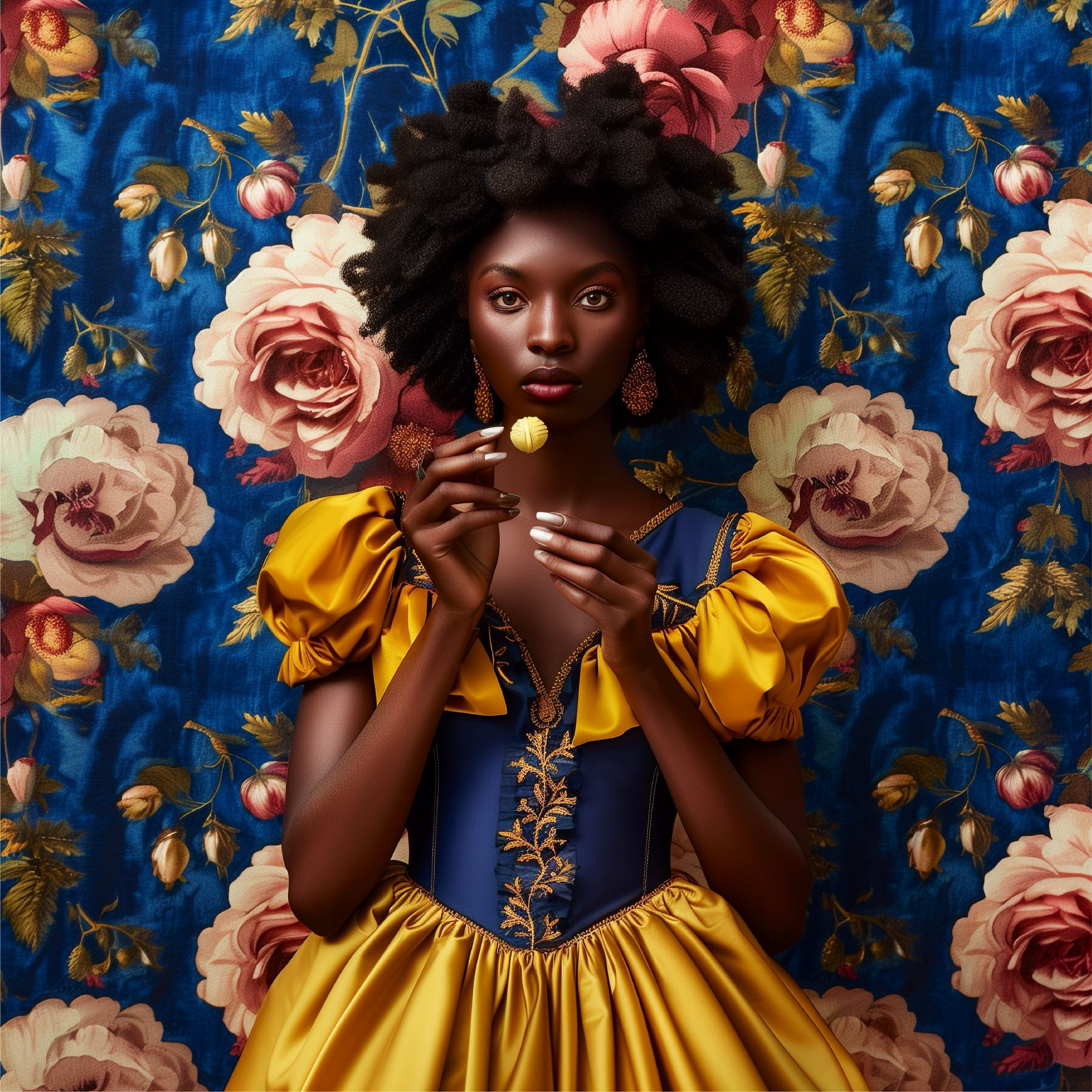 A person dressed in a gold and blue dress in front of a floral background holding a chocolate truffle.