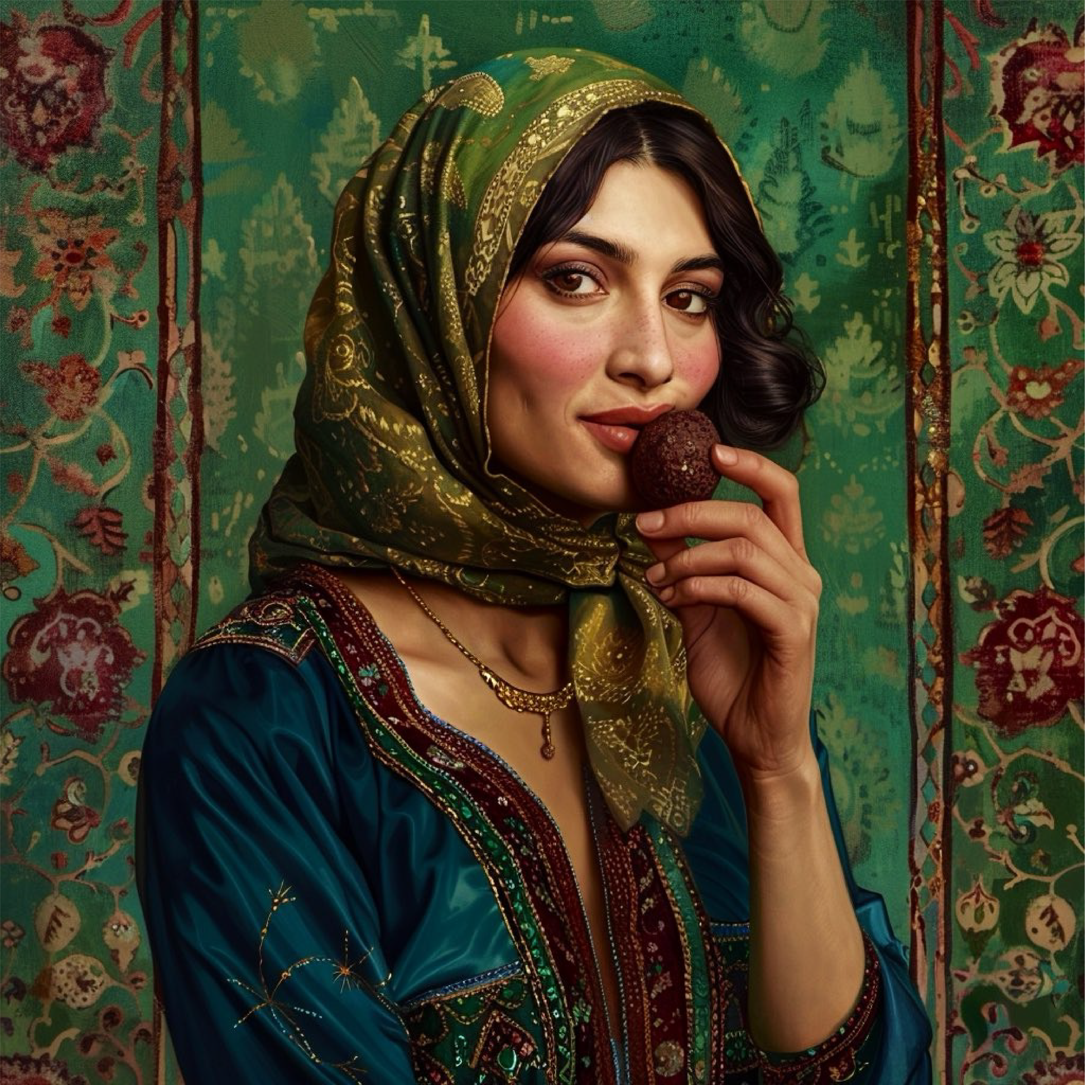 A person in front of a green floral background eating a dark chocolate truffle