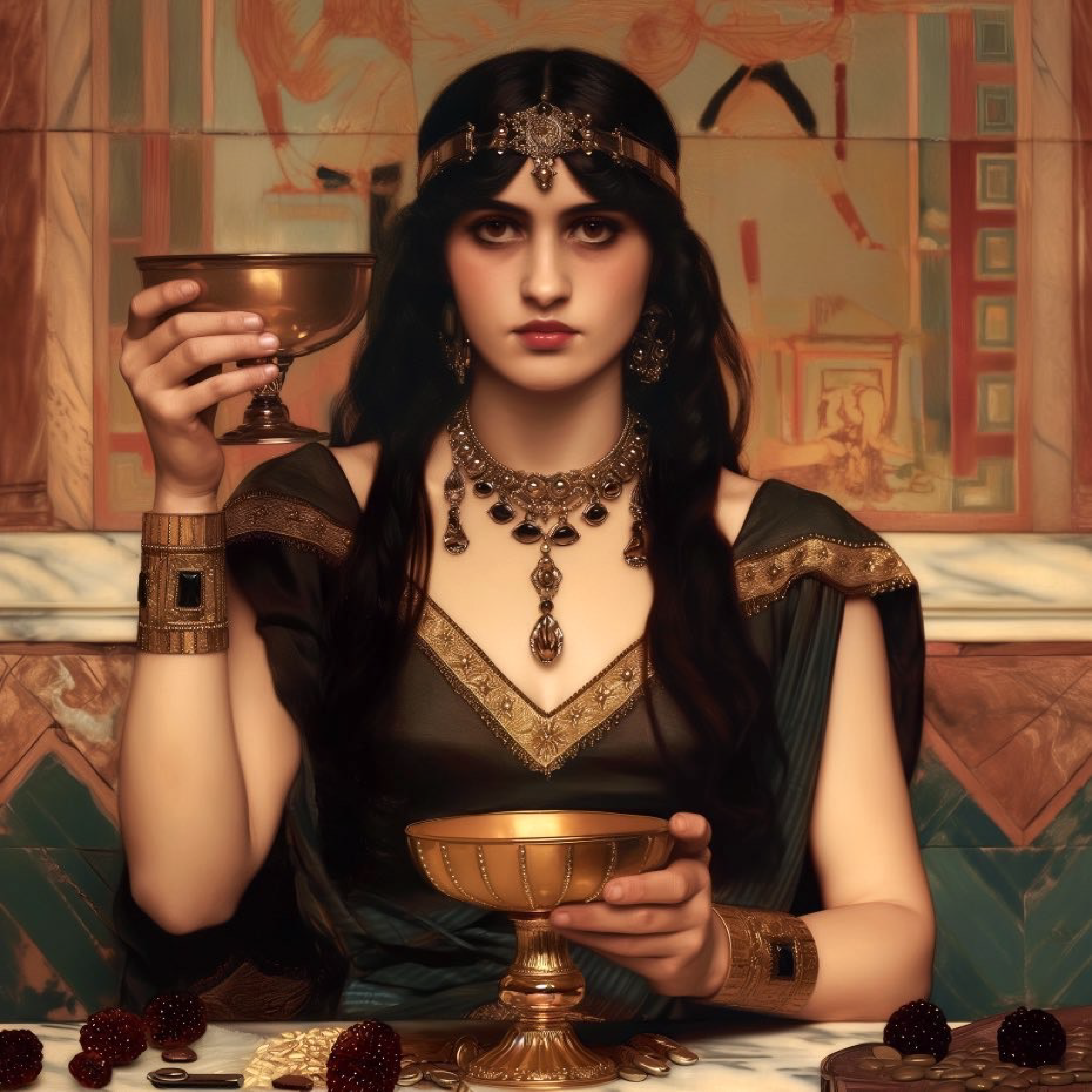 A person dressed in a costume reminiscent of ancient Egypt, holding a golden cup and seated at a table set with similar styled bowls and objects.