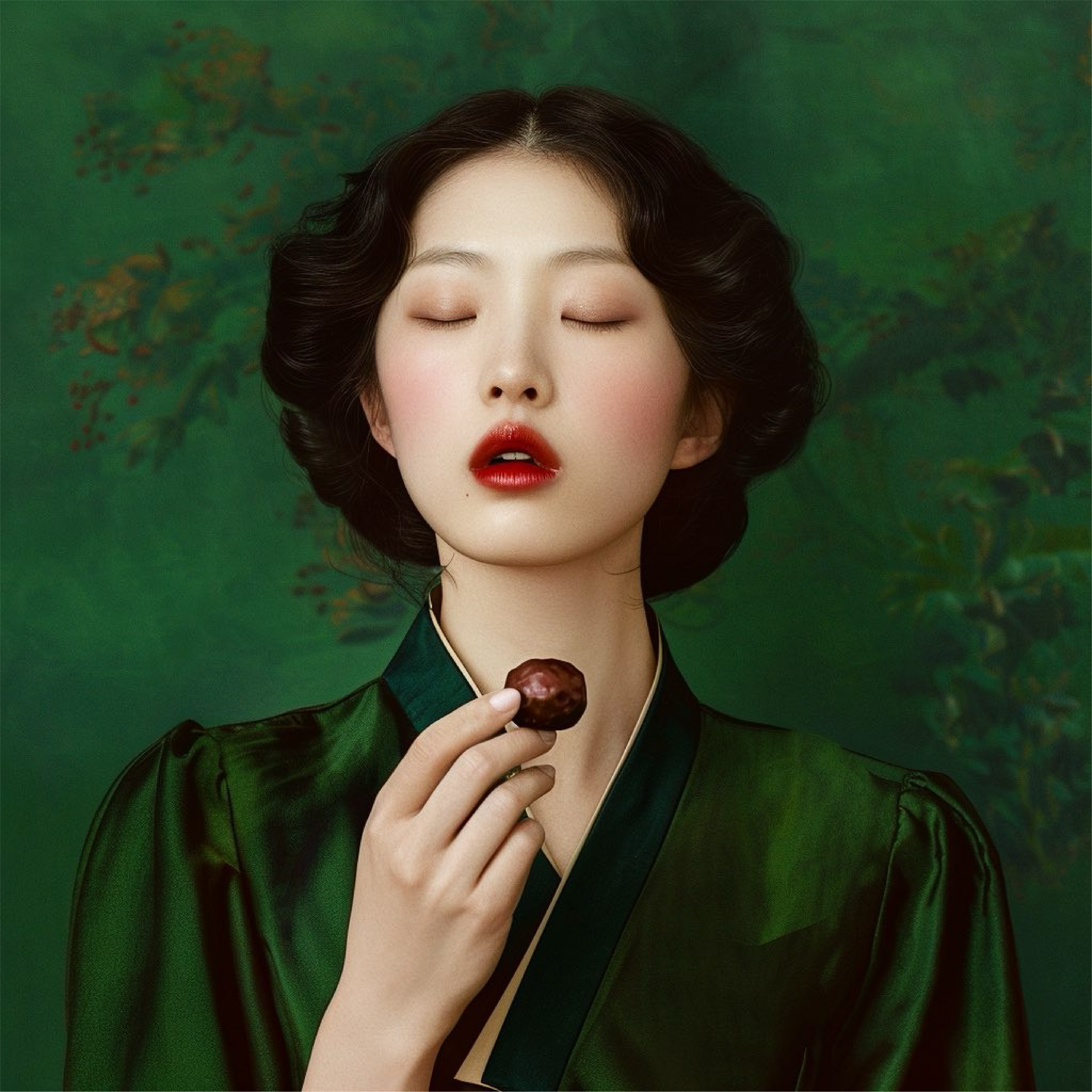 A person with closed eyes holding a piece of chocolate, against a green background.