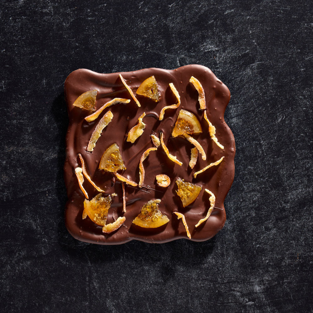 Chocolate bar with candied citrus, orange, clementine and Yochen from France and Japan.