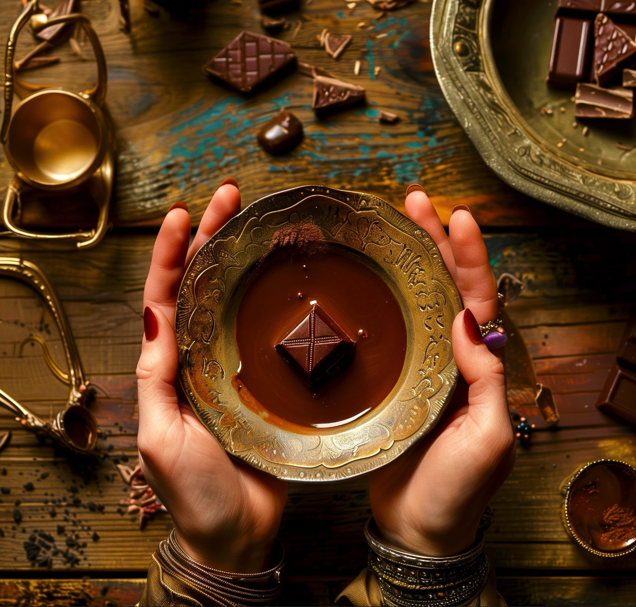 Hands holding a gold cup of ceremonial cacao