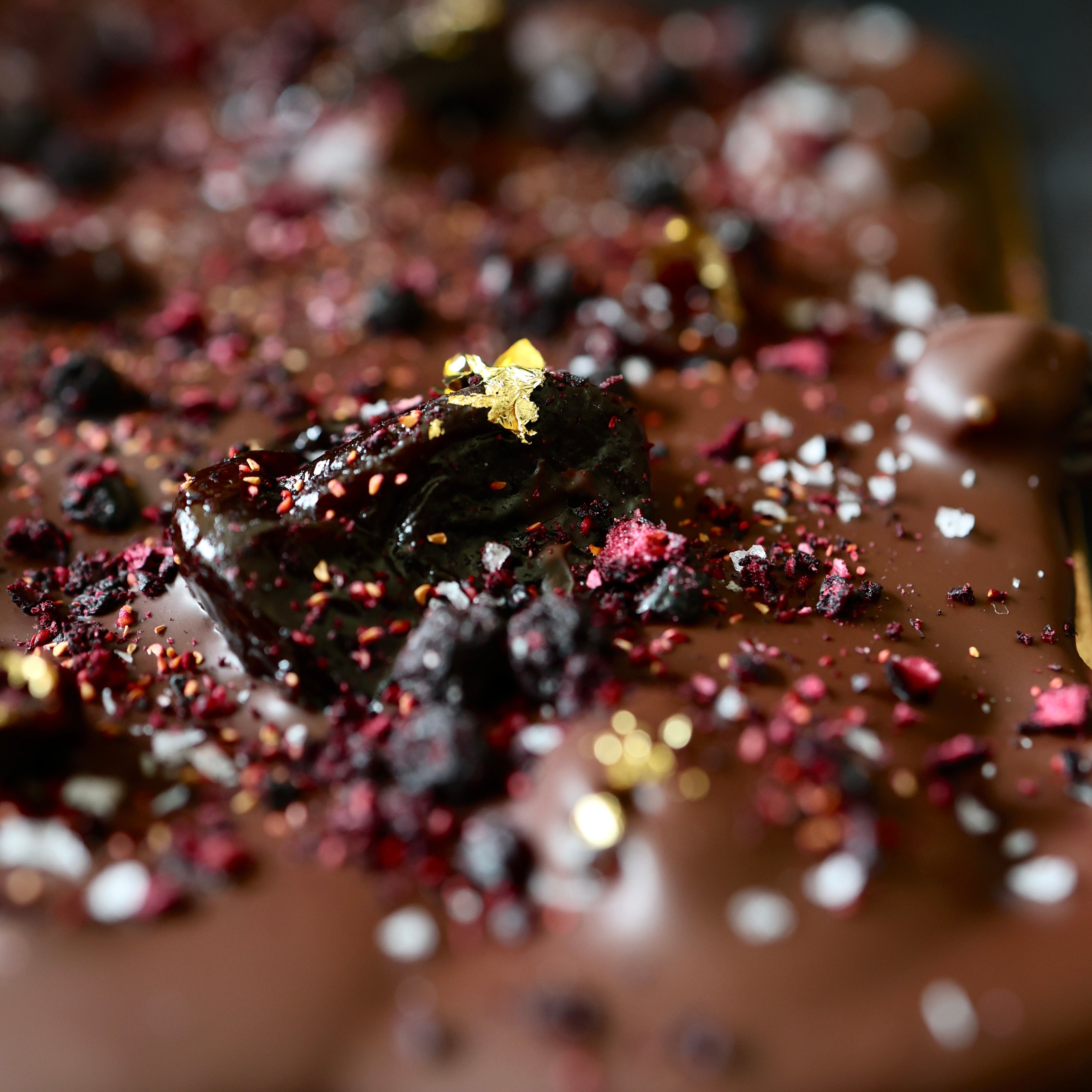Close-up of a chocolate board with artisanal ingredients