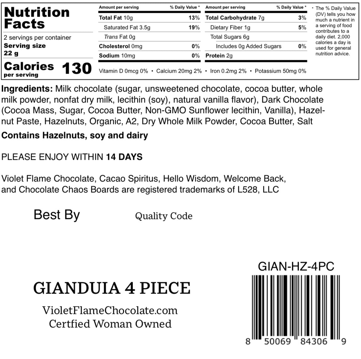 Gianduia Chocolate Truffles Nutritional Panel