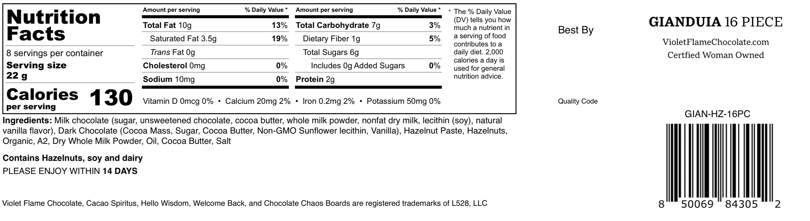 Gianduia Chocolate Collection 16 Piece Gift Set Nutritional Panel