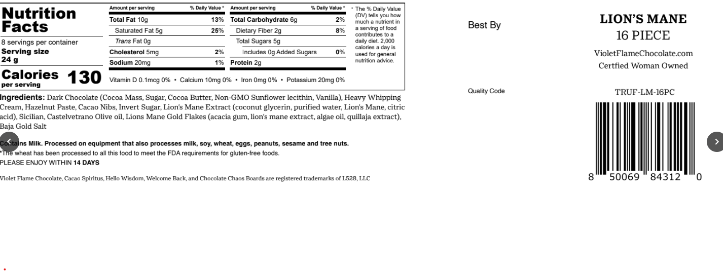 Nutritional Facts Panel for Dark Chocolate Lion's Mane Chocolate Truffle Collection, 16 pieces