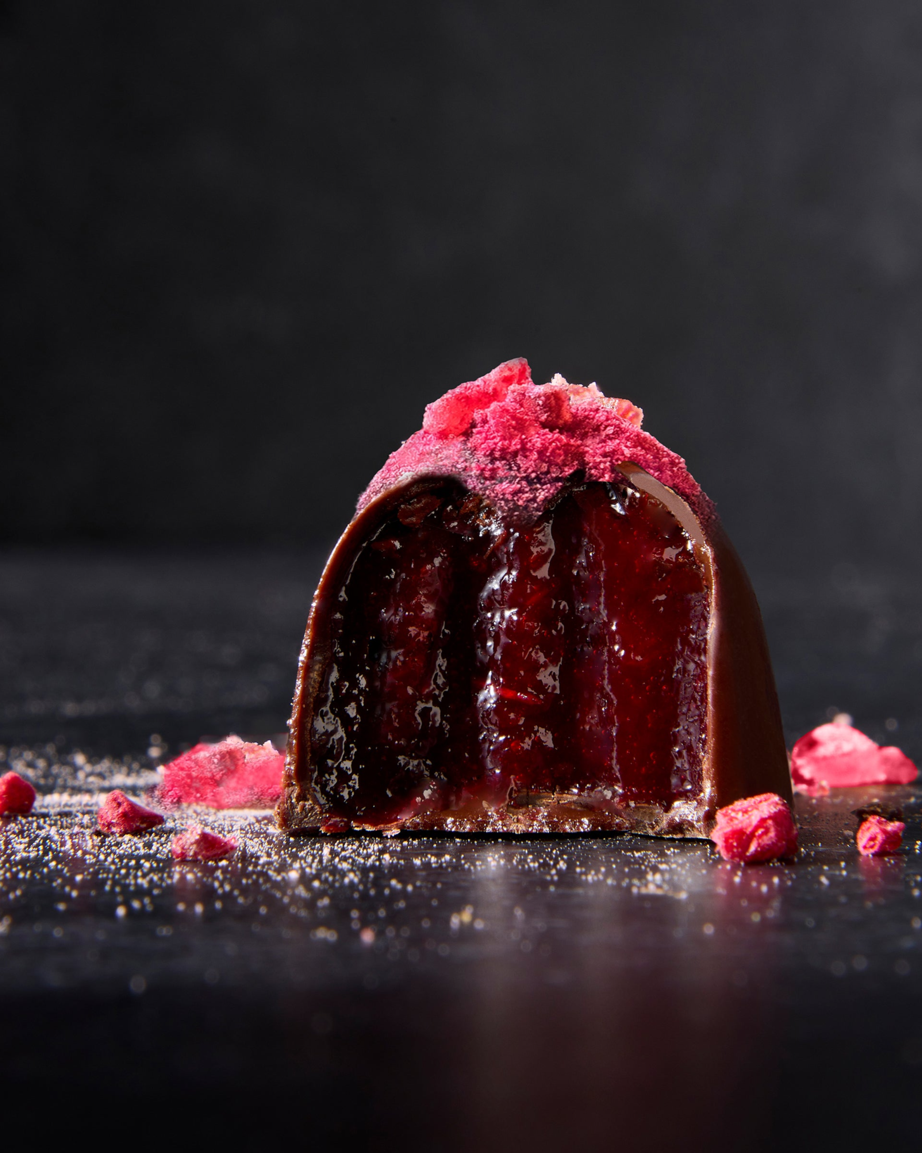 Dark Chocolate truffle with Hauts-de-France Raspberries + Sea Buckthorn Berry + Egyptian Geranium