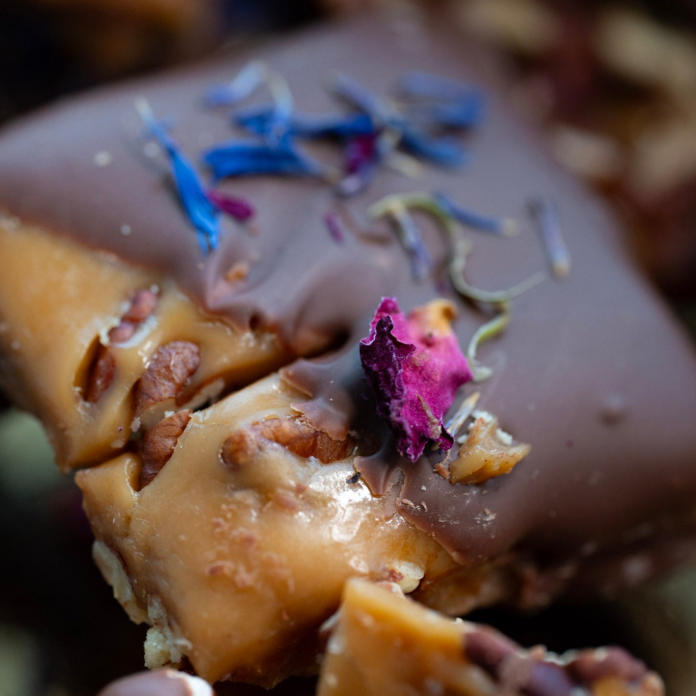 chocolate toffee with pecans and dried flowers