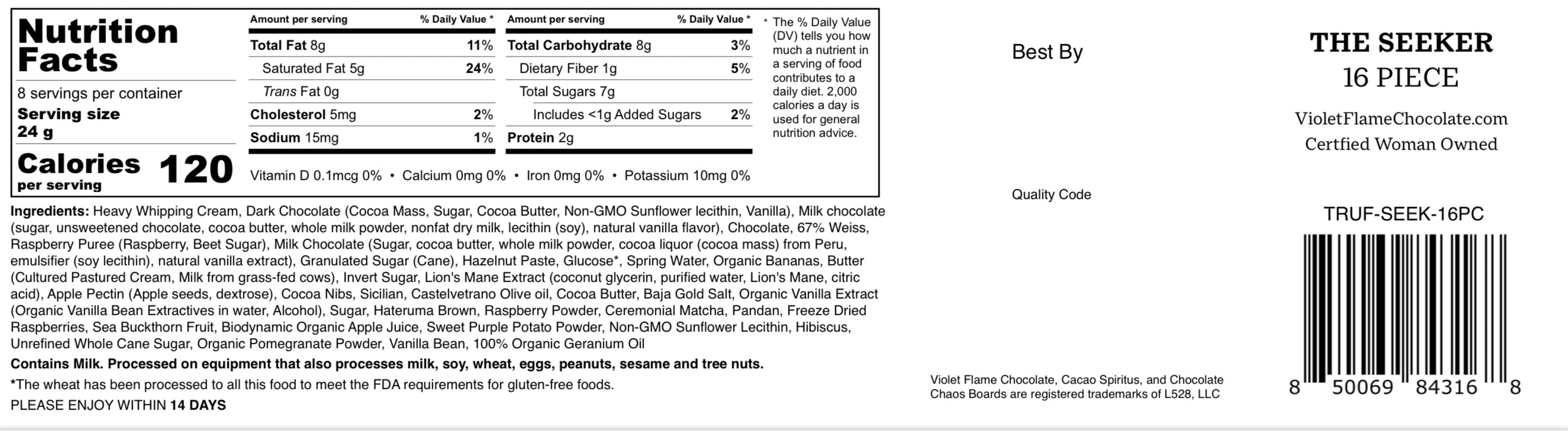 The Seeker 16 Piece Gift Set Nutritional Facts Panel