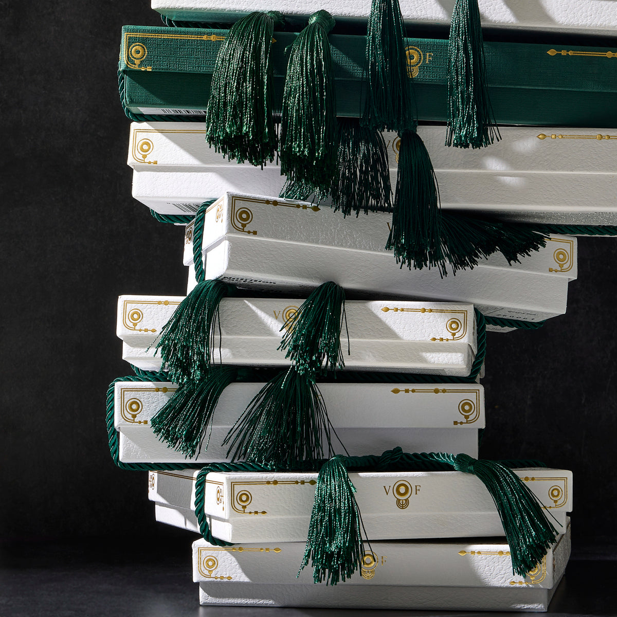 Violet Flame gift boxes tied with green tassels